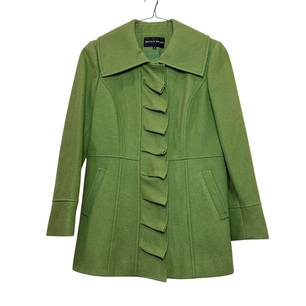 Antonio Melani Ruffle Front Wool Blend Coat Womens 10 Green Pea Coat Jacket